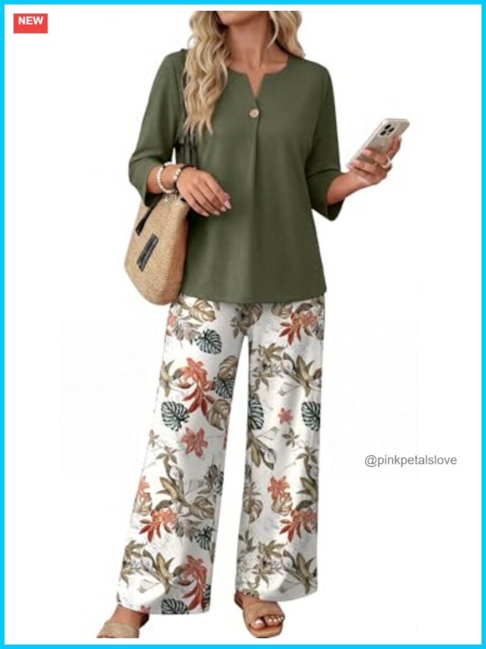 Womens Two Piece Lounge Set 3/4 Sleeve V-Neck Top Wide Leg Pants Travel